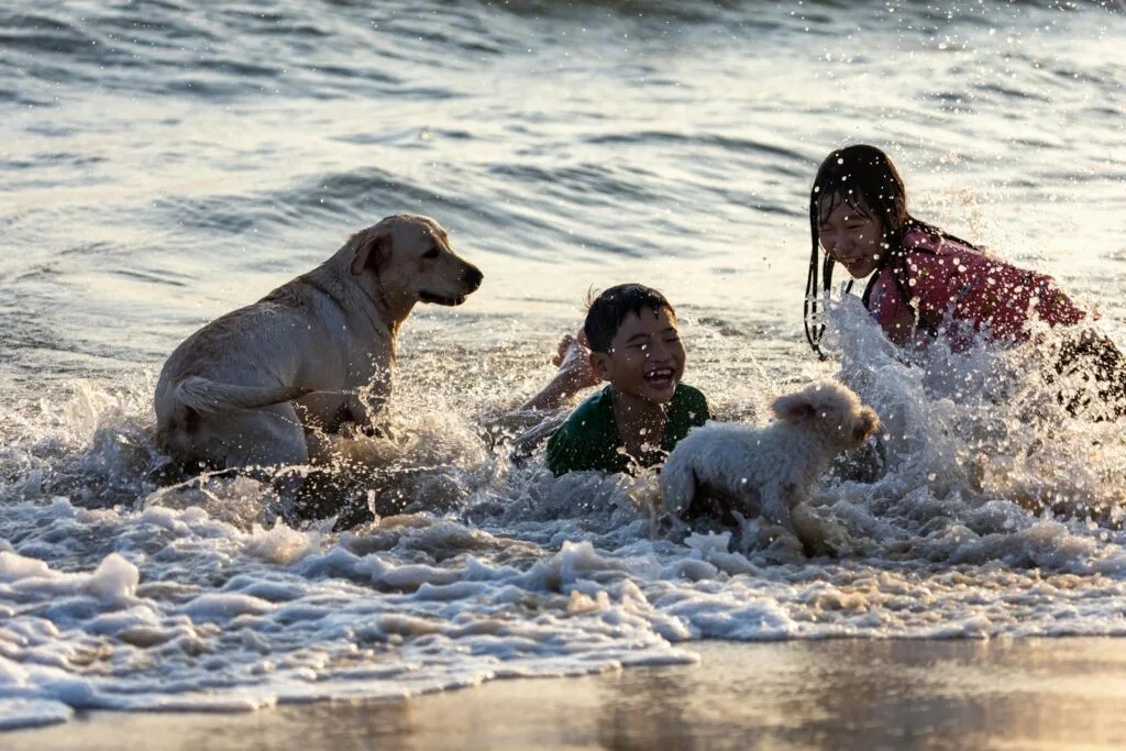 Children and dogs playing happily in the ocean waves at the beach, enjoying the summer sun.