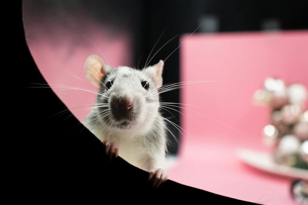 Adorable rat peeking over a ledge with a blurred pink background.