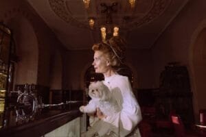 Sophisticated woman holding a Maltese dog in an ornate bar setting. Elegant and classy.