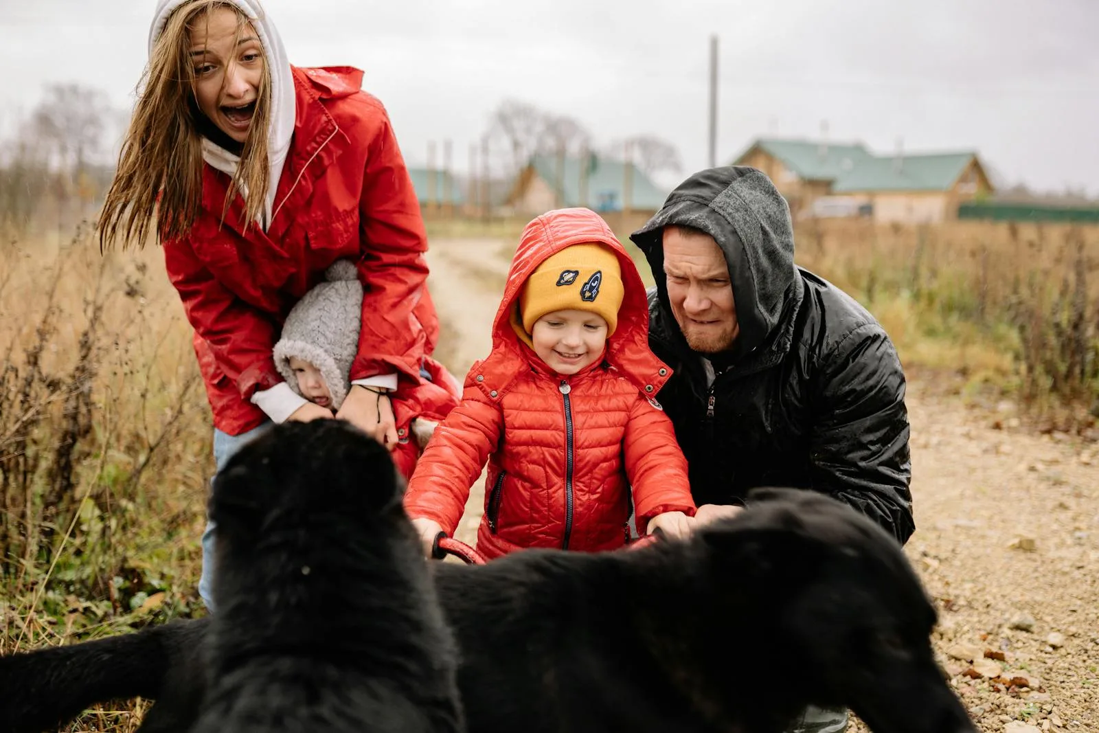Family bonding outdoors with dog in countryside on a rainy day.