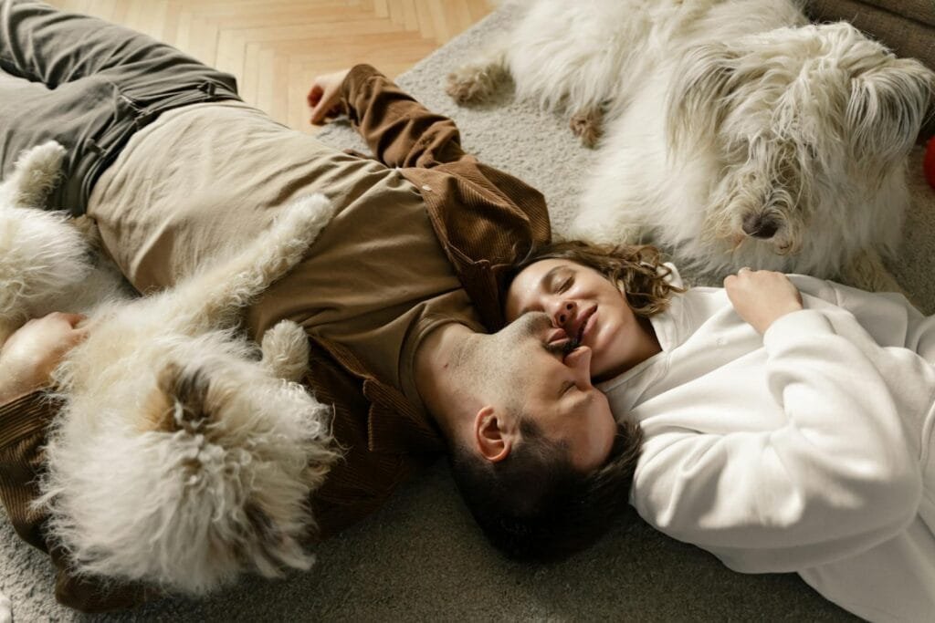 A couple cuddles on the carpet with their fluffy dogs in a cozy living room setting.